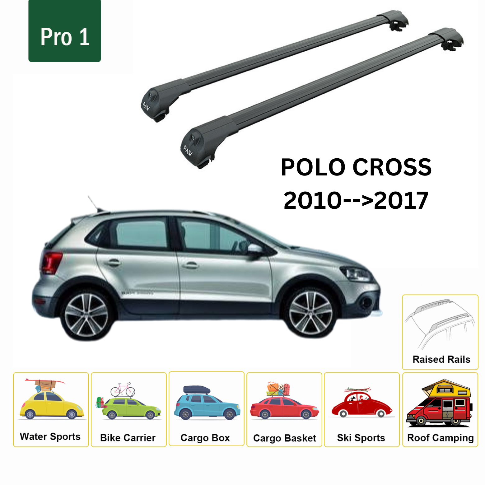 For Volkswagen Polo Cross 2010-2017 Roof Rack Cross Bar Metal Bracket Raised Rail Alu Black For Volkswagen Polo Cross 2010-2017 Roof Rack Cross Bar Metal Bracket Raised Rail Alu Black